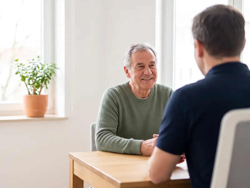 Ein Patient im vertrauensvollen Gespräch in einem hellen Besprechungszimmer